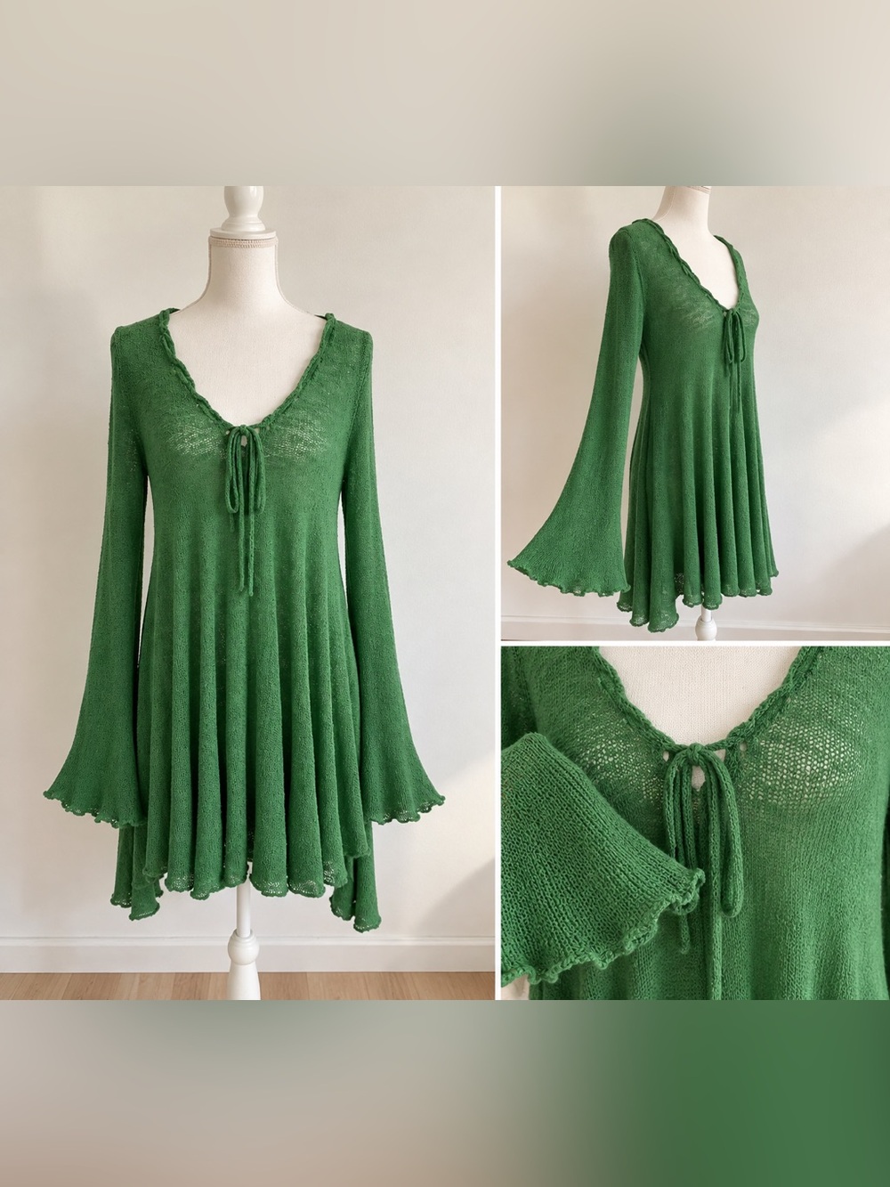 Free People FP Beach Green Open Knit Bell Sleeve Tie Front Mini Dress – Size L